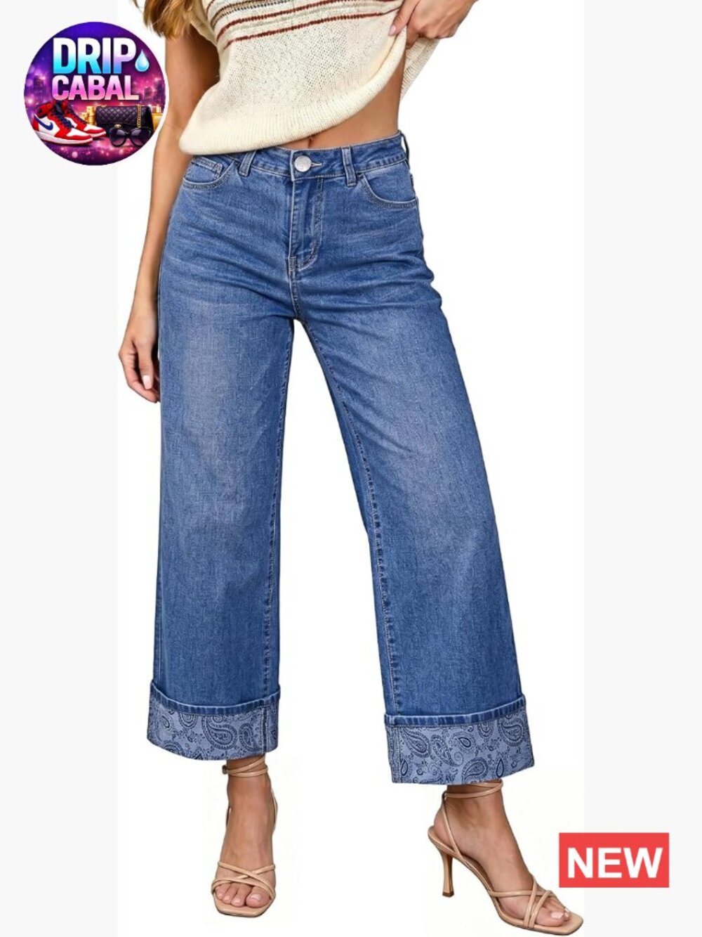High Waisted Wide Leg Cropped Jeans with Fold Hem - Stretchy Denim Pants